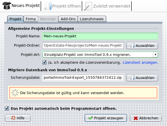 Datensicherung via Projektassistent importieren