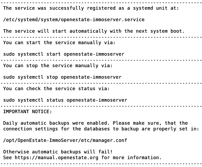 Zusammenfassung nach Installation des Dienstes unter Linux