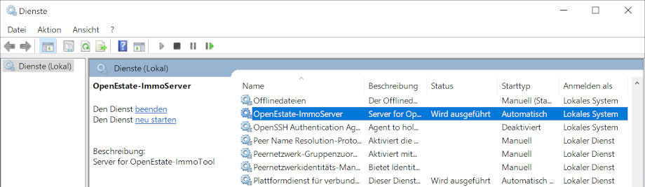 Dienste-Verwaltung des Windows-Betriebssystems