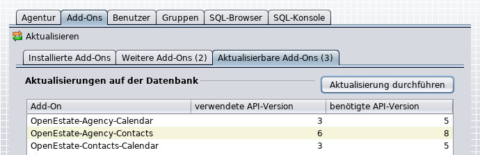 Übersicht der aktualisierbaren Add-Ons