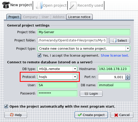 Enable SSL encryption in the project wizard