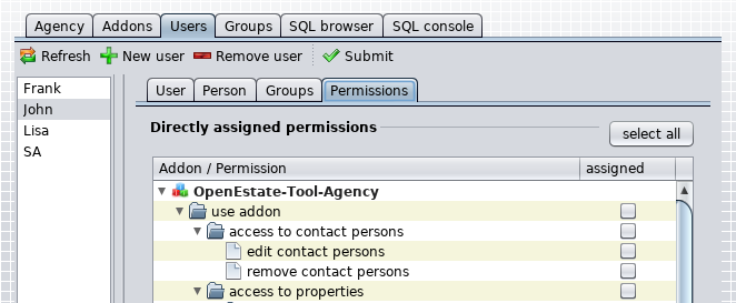 Permissions of an user account